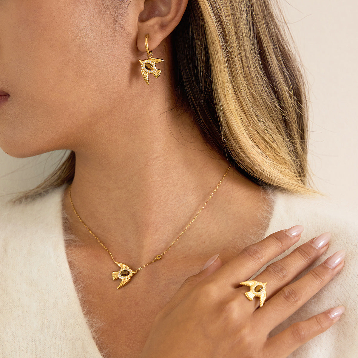 Wholesale 18K Stainless Steel Tiger Eye Dove Jewelry Set