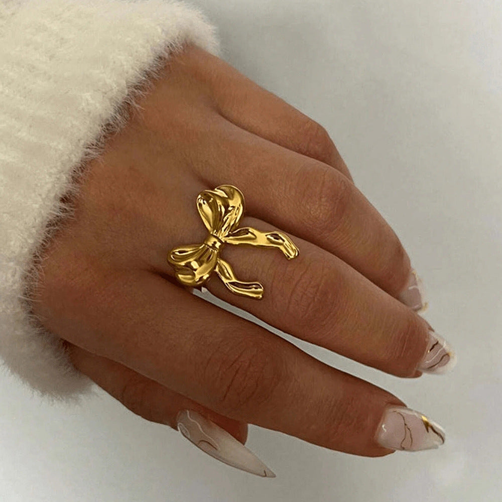 Wholesale Trendy 18K Gold Plated Stainless Steel Bow Ring For Women Simple Hand Polished Fashion Jewelry Accessory Gift Boutique Resale