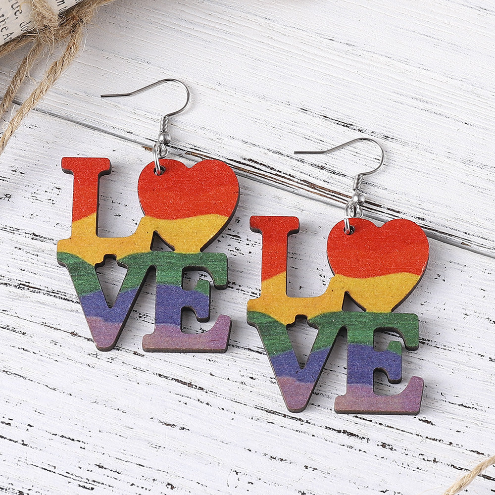 Wholesale Summer Rainbow Heart Star Earrings Wood Earrings ACC-ES-ChuLian024