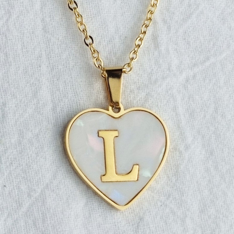 Wholesale 26 English Letters Heart Inlaid Shell Titanium Steel Necklace ACC-NE-DingChao002