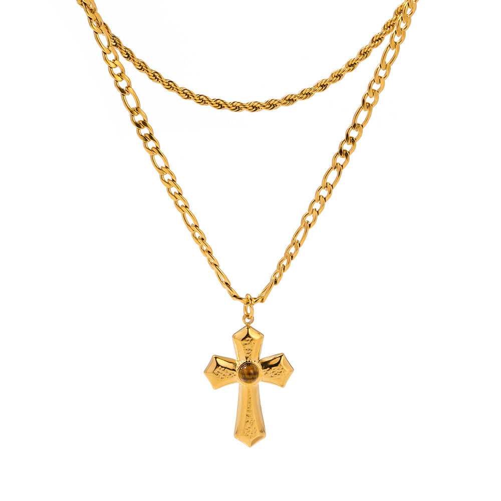 Wholesale Medieval Style Threaded Liquid Pleated Gold Cross Double Layer Necklace Stainless Steel ACC-NE-Wanx001