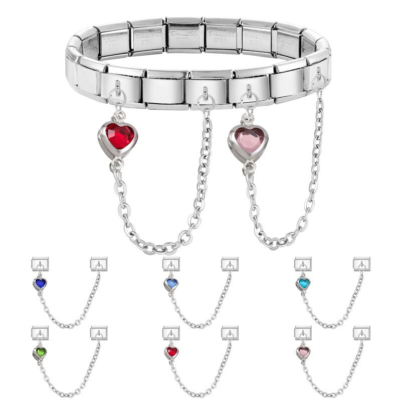 Wholesale Hearts and Love Italian Charms DIY square double-pendant Creative Stainless Steel Composable Bracelet