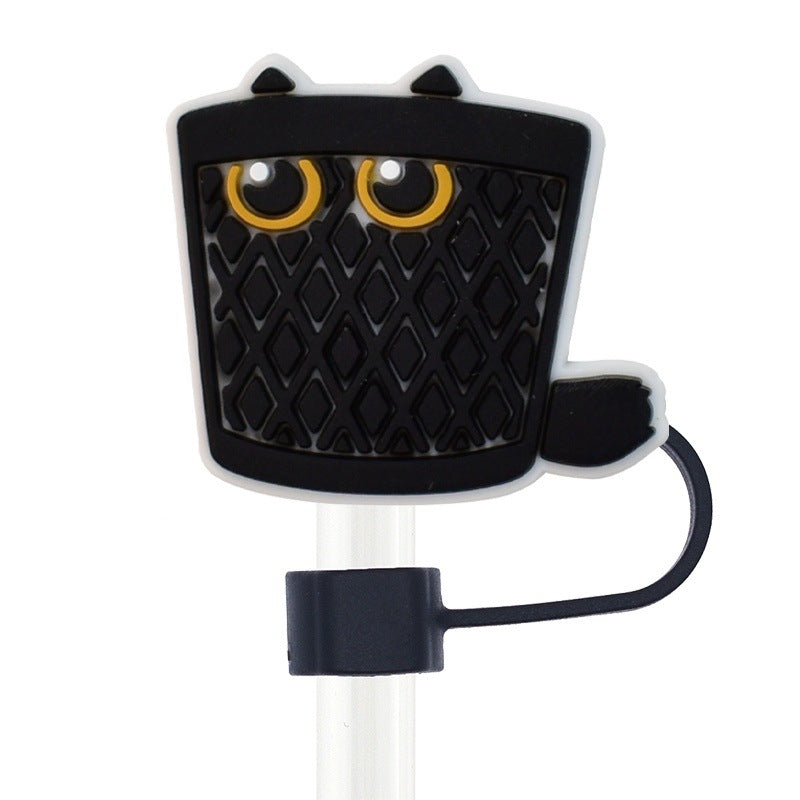 Wholesale Random 100pcs Cartoon Black Cat 10mm PVC Soft Straw Tube Cap ACC-SCR-RYY118