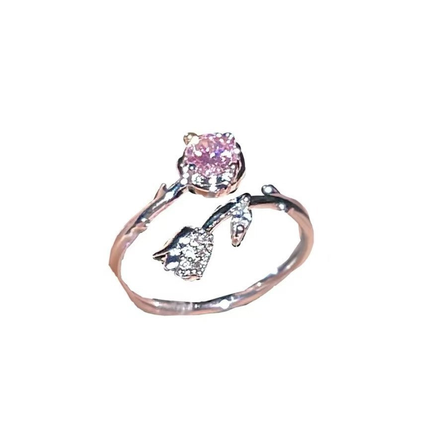 Wholesale Alloy Pink Zirconia Flower Ring Open Adjustable Band Fairy Style Women S Jewelry Everyday Wear Boutique Resale
