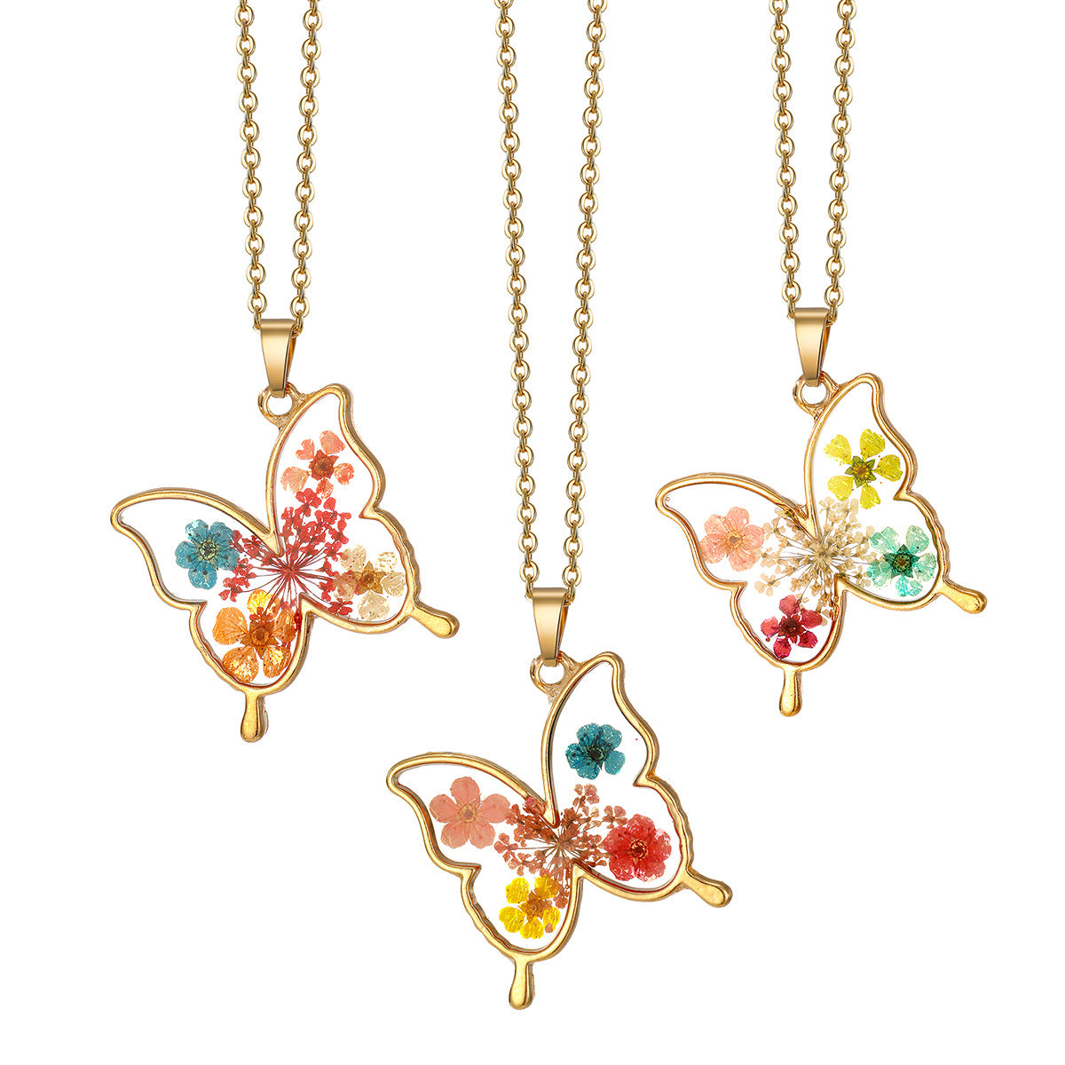 Wholesale Resin Dried Flower Butterfly Pendant Necklace Boutique Resale