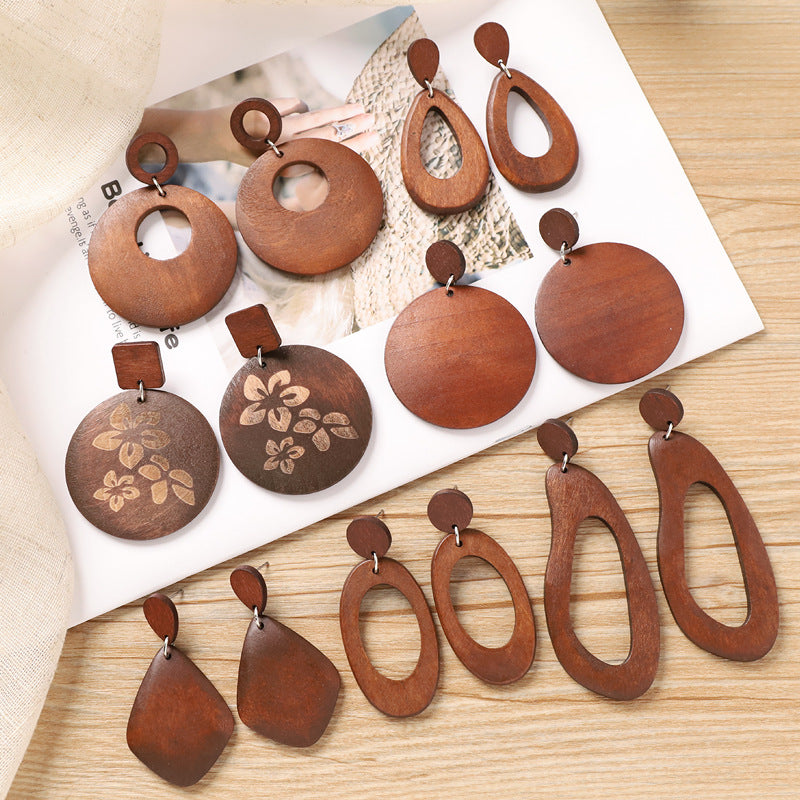 Wholesale Retro Coffee Wooden Earrings Ethnic Style Round Hand Knitted Jewelry Accessory