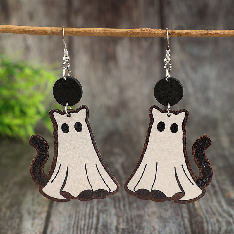 Wholesale  Cute Ghost Cat Wooden Earrings