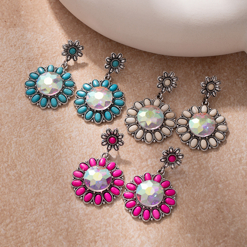 Wholesale Turquoise earrings retro western ethnic style alloy flower earrings