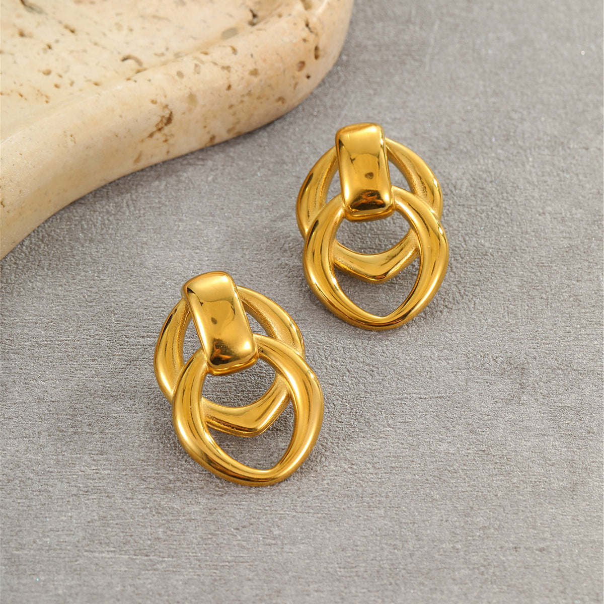 Wholesale  Golden Geometric Design Double-Ring Stainless Steel Earrings