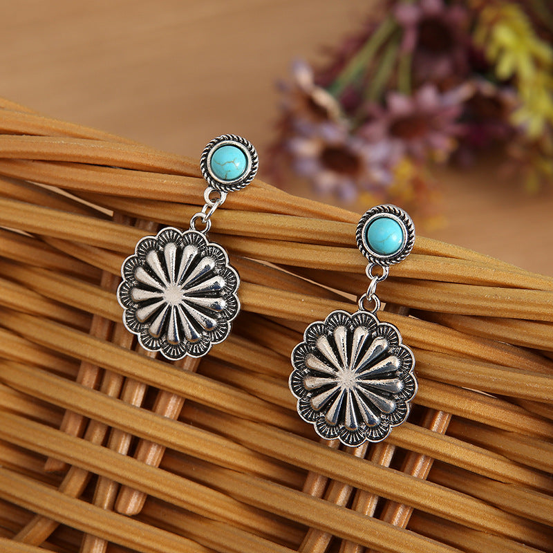 Wholesale Retro Turquoise Carved Earrings Alloy Electroplated Jewelry Accessory