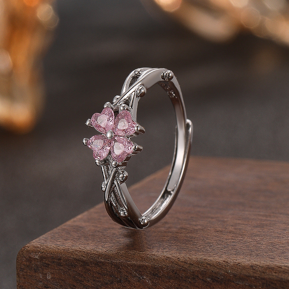 Wholesale Electroplated Copper Zircon Four Leaf Clover Ring Stylish Jewelry Accessory For Women Gift