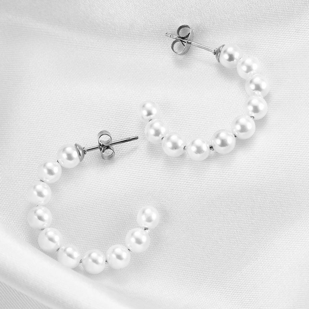 Wholesale Titanium Steel Light luxury pearl C-shaped earrings