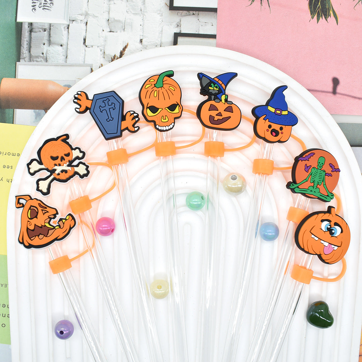 Wholesale Random 100pcs Halloween 10mm PVC Soft Straw Tube Cap ACC-SCR-RYY092