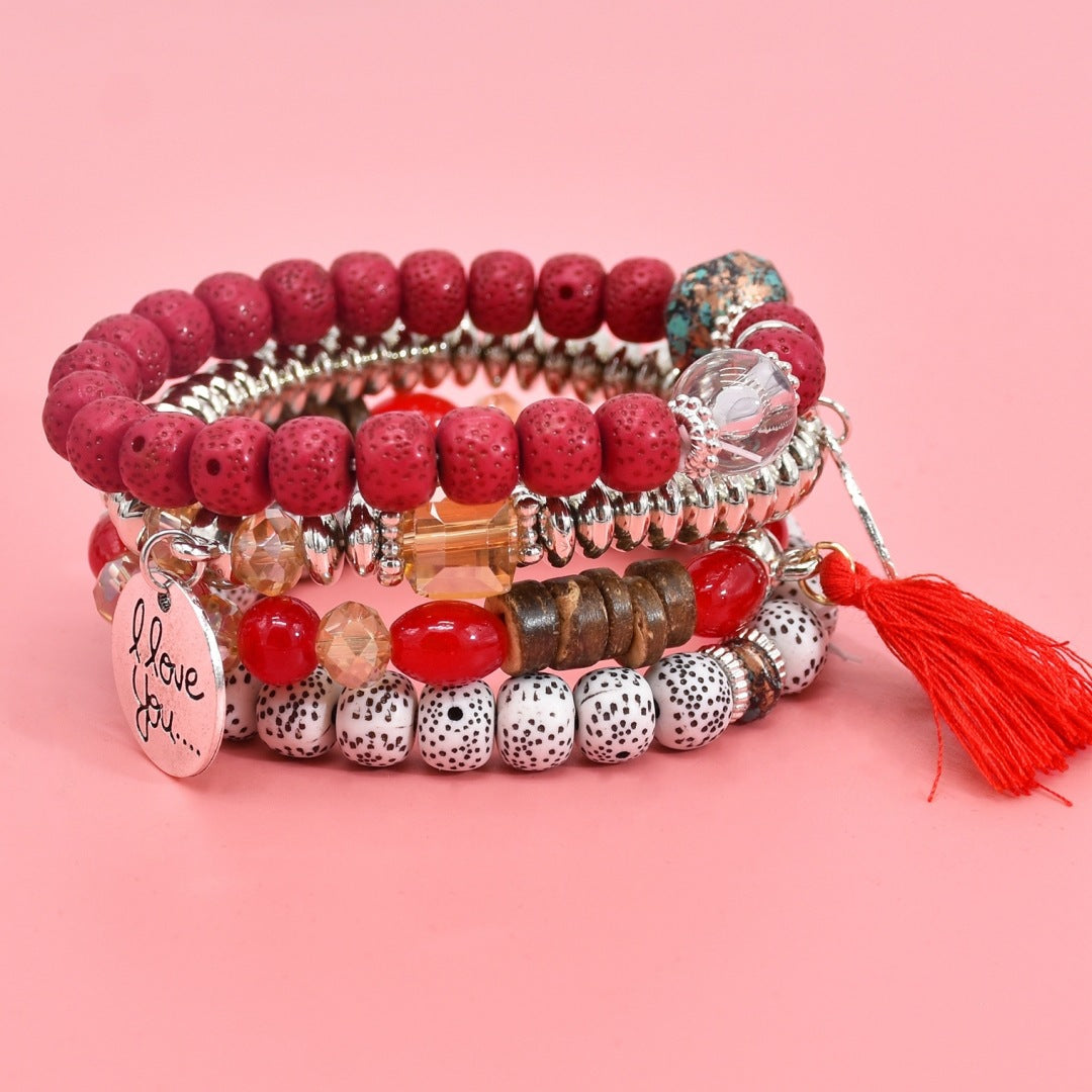 Wholesale Crystal Multi-layer Contrasting Color Turquoise Bracelet Leaf Alloy Tassel 4-piece Set Layered Bracelet Set ACC-BT-Yeb002