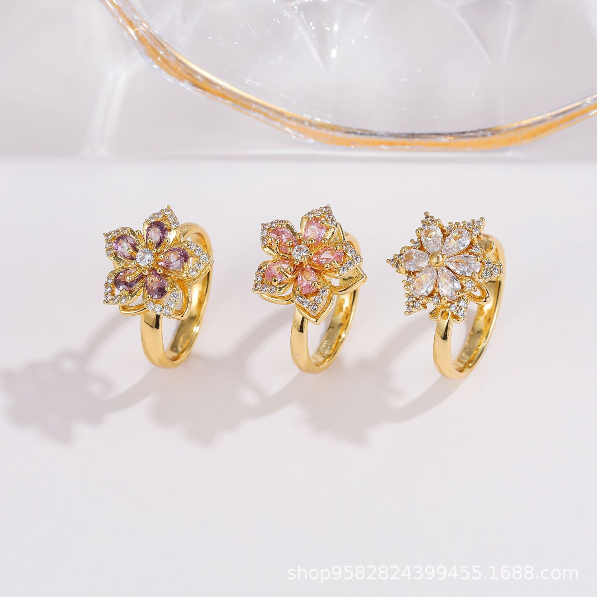 Wholesale 360° Rotating Double-Layer Flower Ring Gold Plated Zircon Fashion Accessory Boutique Gift