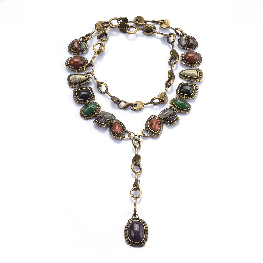 Wholesale Vintage Metal Gemstone Inlaid Long Necklace