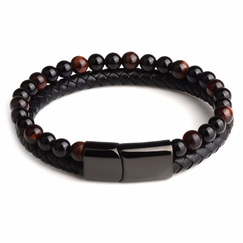 Wholesale Alloy Leather Rope Natural Stone Bracelet Double Layer Tiger Eye Stone Volcanic Stone Beaded Bracelet ACC-BT-YunJin005