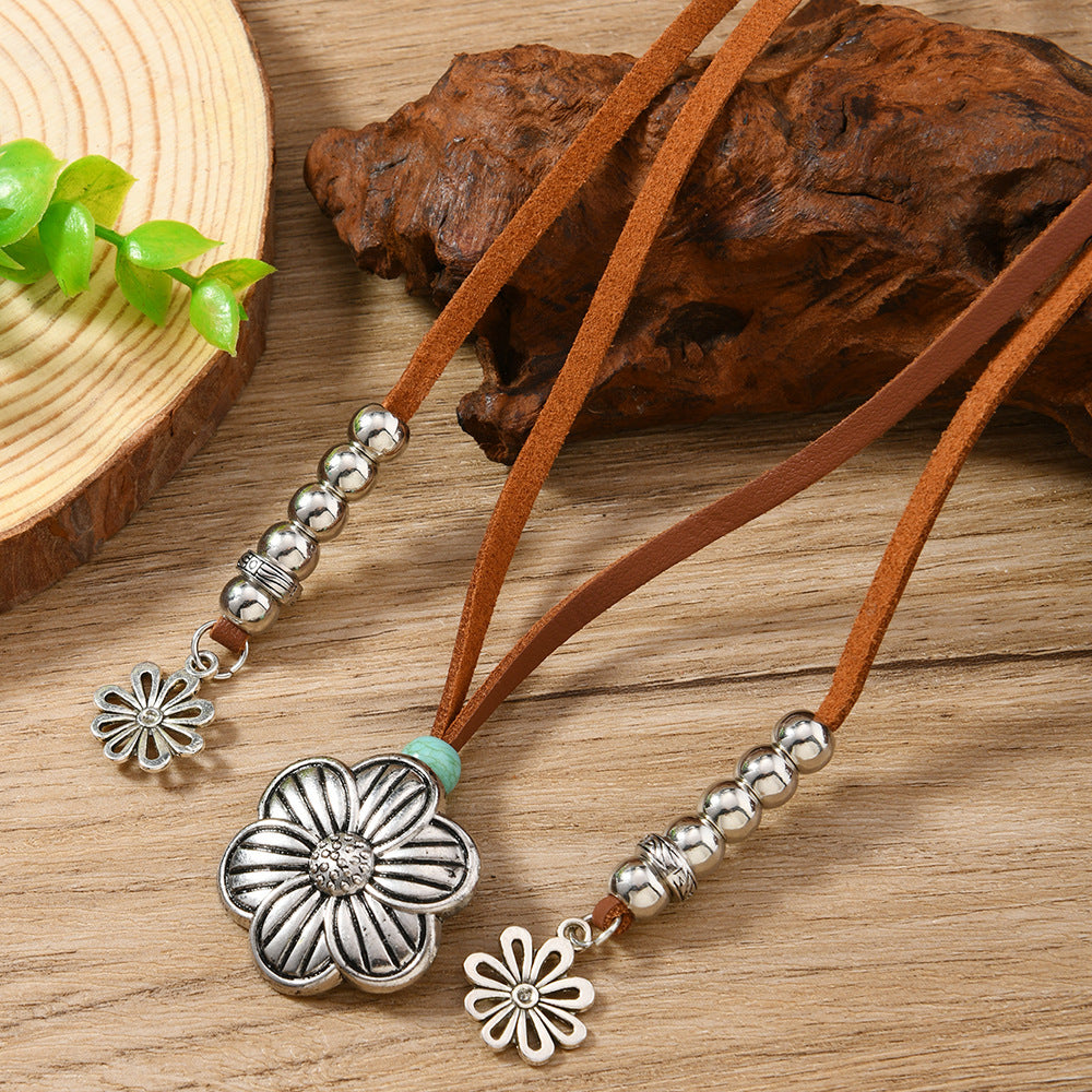 Wholesale PU leather vintage turquoise flower necklace