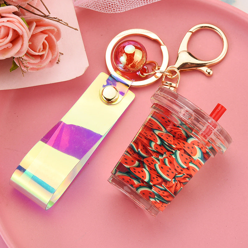Wholesale Acrylic Milk Tea Cup Fruit Piece Floating Leather Rope Creative Key Chain