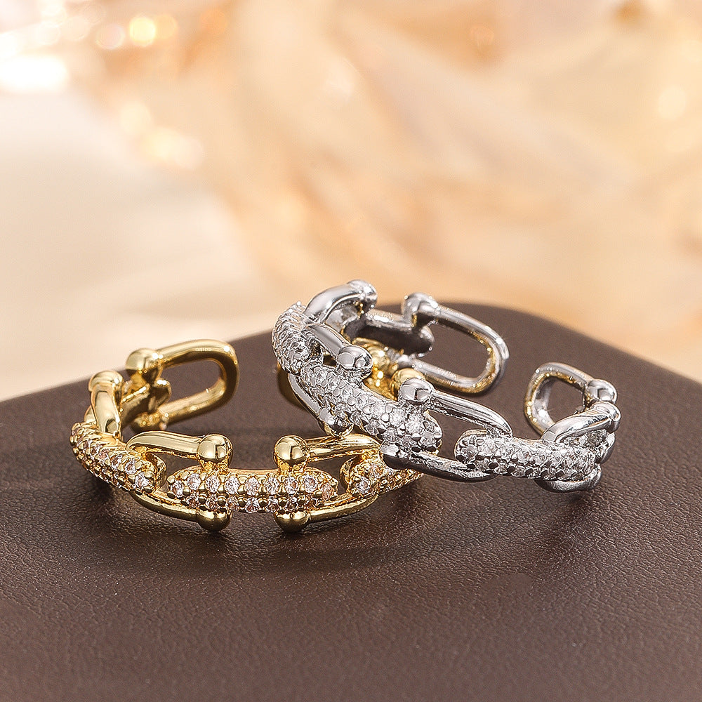 Wholesale Gold Copper Zircon Geometric Chain Ring Fashion Jewelry Gift
