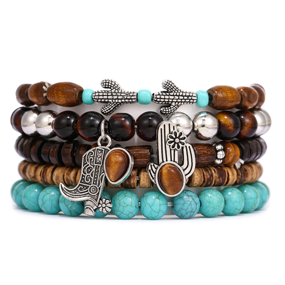 Wholesale Wooden turquoise evil eye heart and bull head beaded bracelet