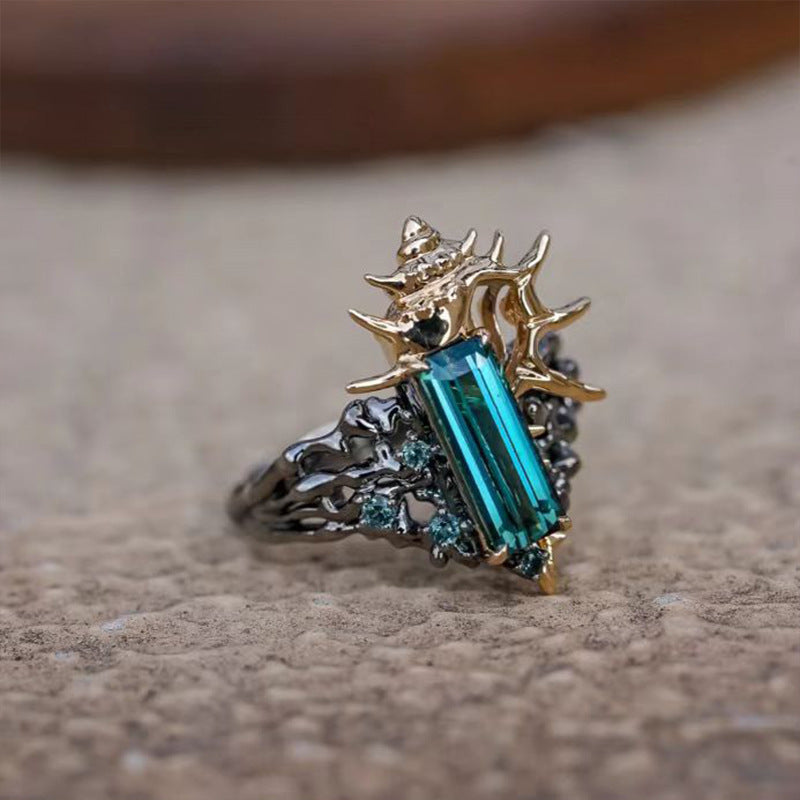 Wholesale  Marine Life Conch Index Finger Ring Coral Blue Crystal Diamond Ring