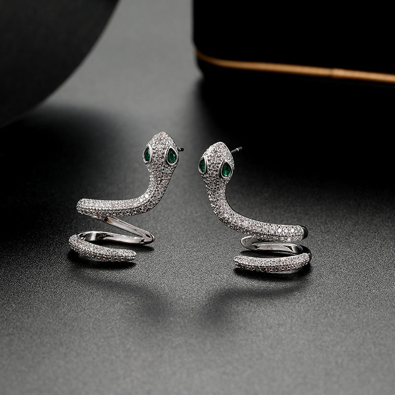 Wholesale 925 silver thickened real gold electroplated micro-inlaid snake earrings