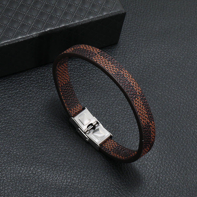 Wholesale Simple Striped Stainless Steel Leather Bracelet for Men