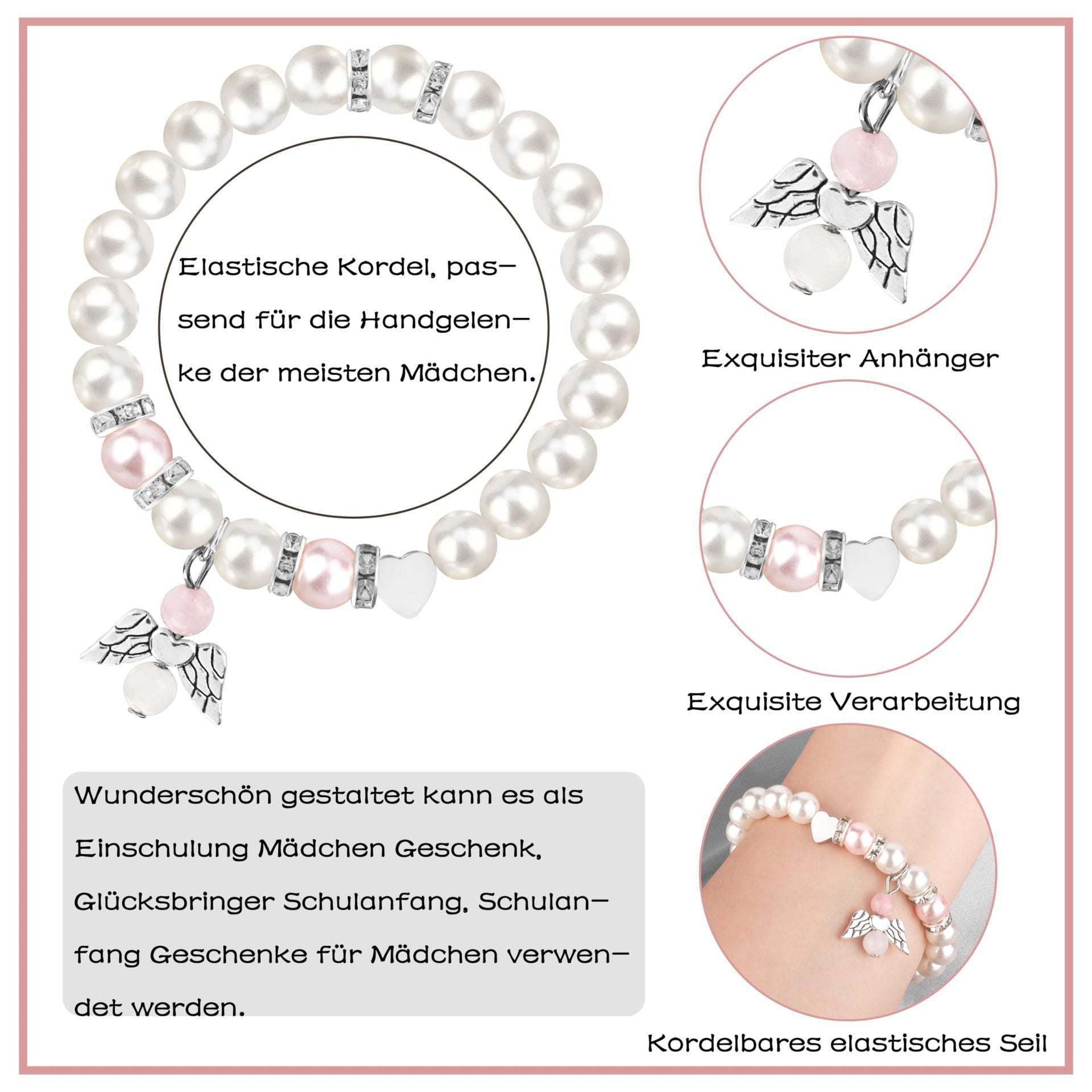 Wholesale  Pink Pearl Heart Wings Pendant Bracelet