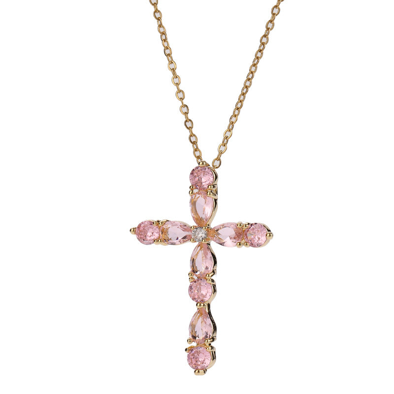 Wholesale Copper Electroplated Cross Pendant Necklace Colorful Zircon Geometric Religious Faith Fashion Accessory