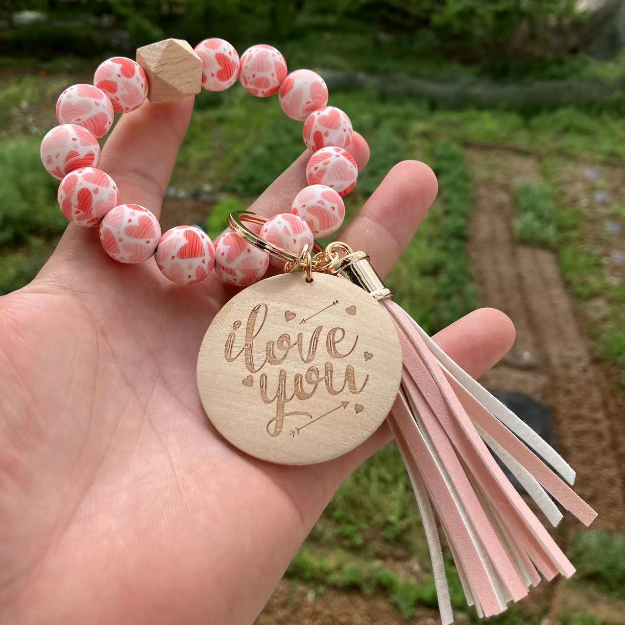 Wholesale Colorful Floral Heart Shape Silicone Beaded Wristlet Keychain ACC-KC-QiuXue010