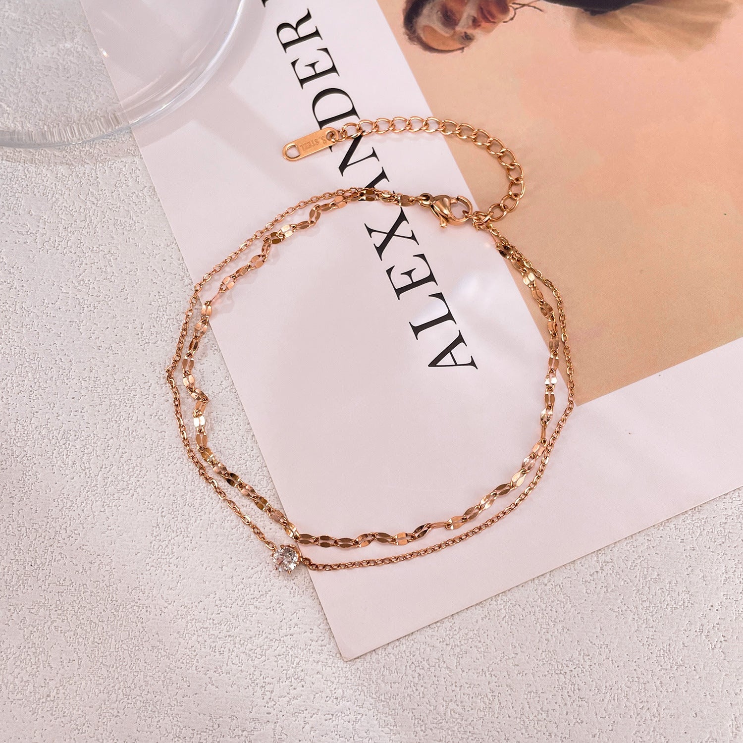 Wholesale Titanium Steel Double Layered Stackable Diamond Embedded Foot Jewelry Ankle Chain