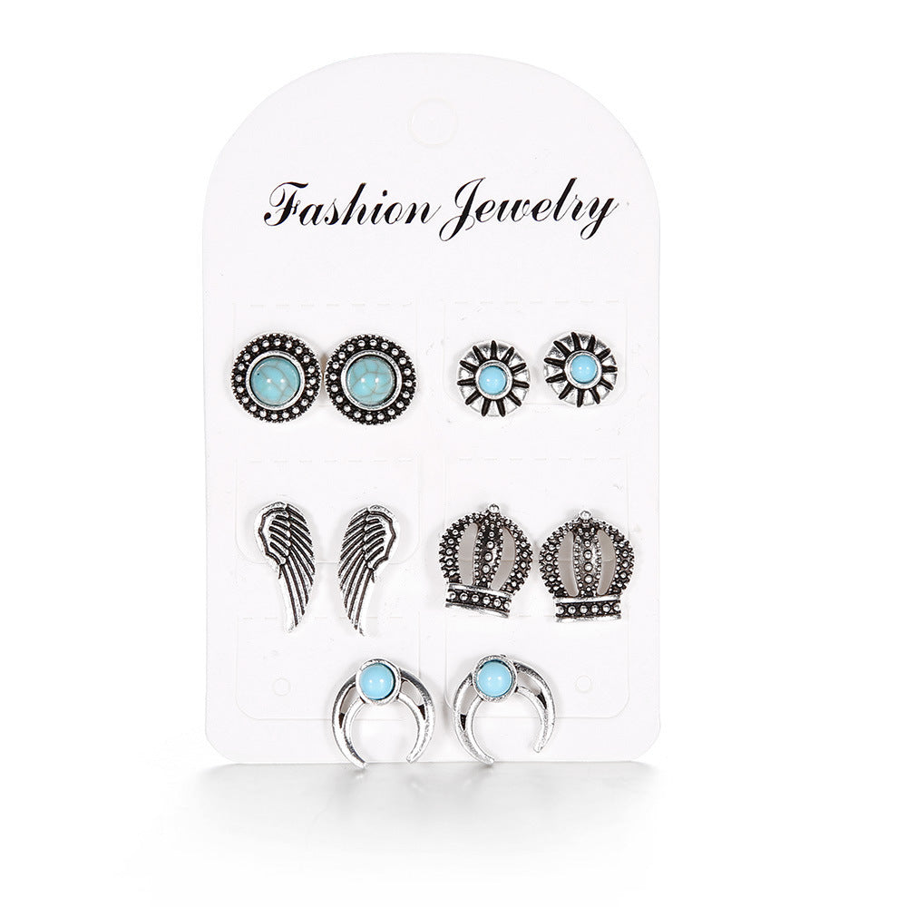 Wholesale  Bohemian style  crown crescent wings set turquoise earrings