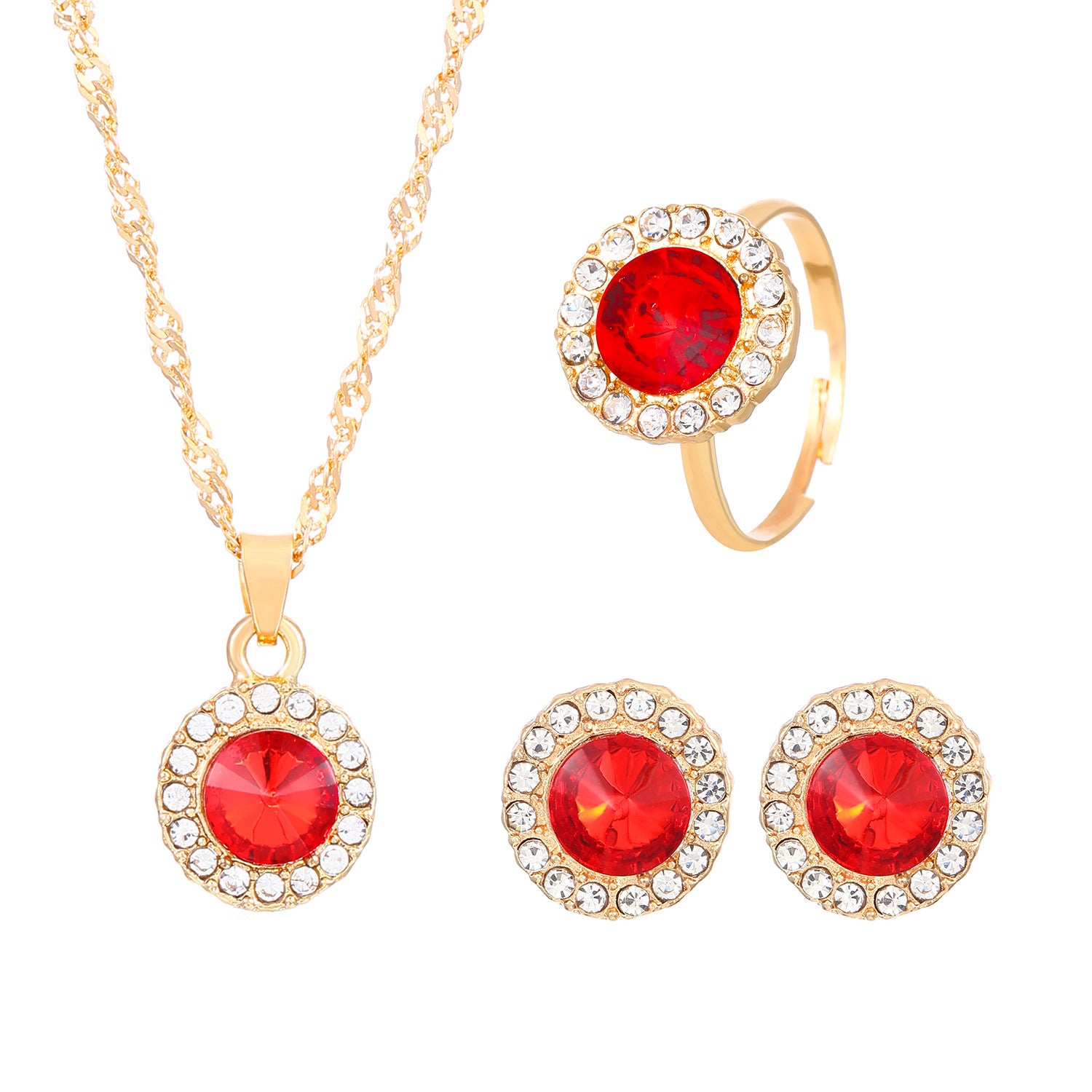 Wholesale Colorful rhinestone necklace earrings and ring set