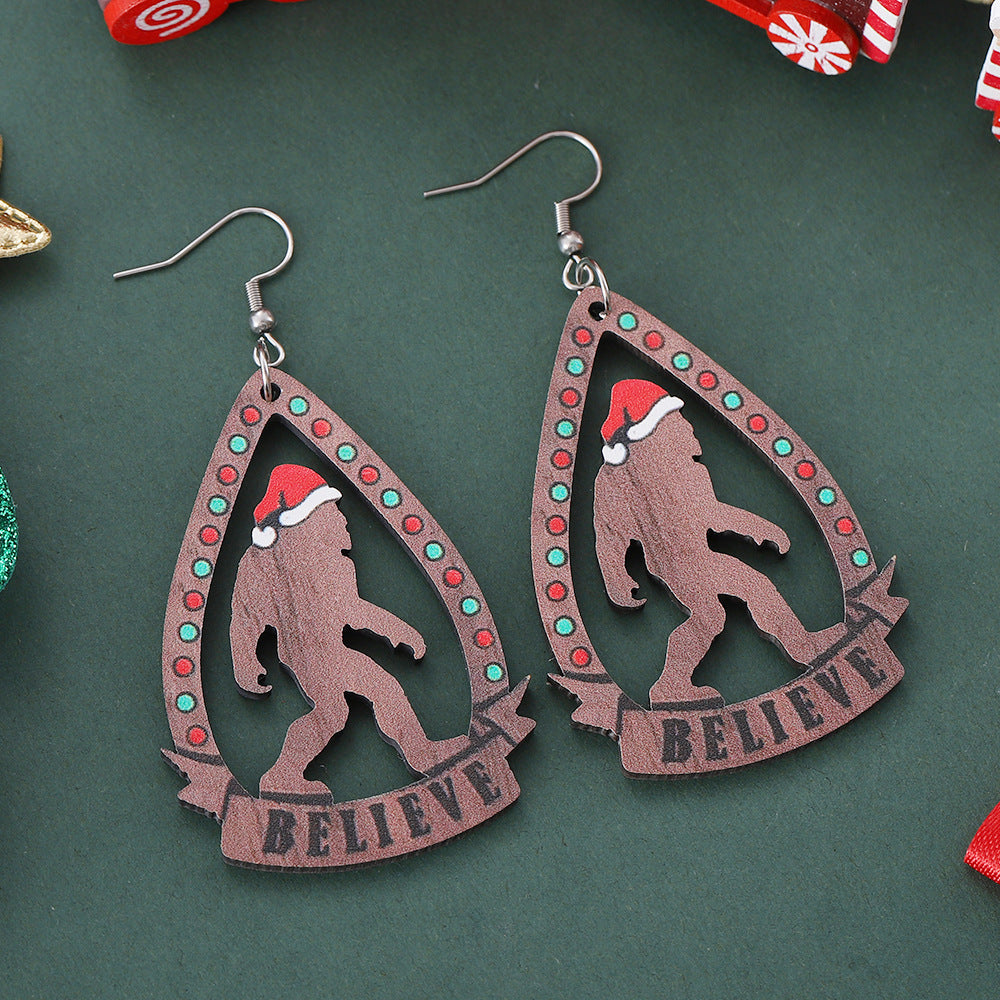 Wholesale Christmas Santa hat Bigfoot water drop hollow pendant earrings