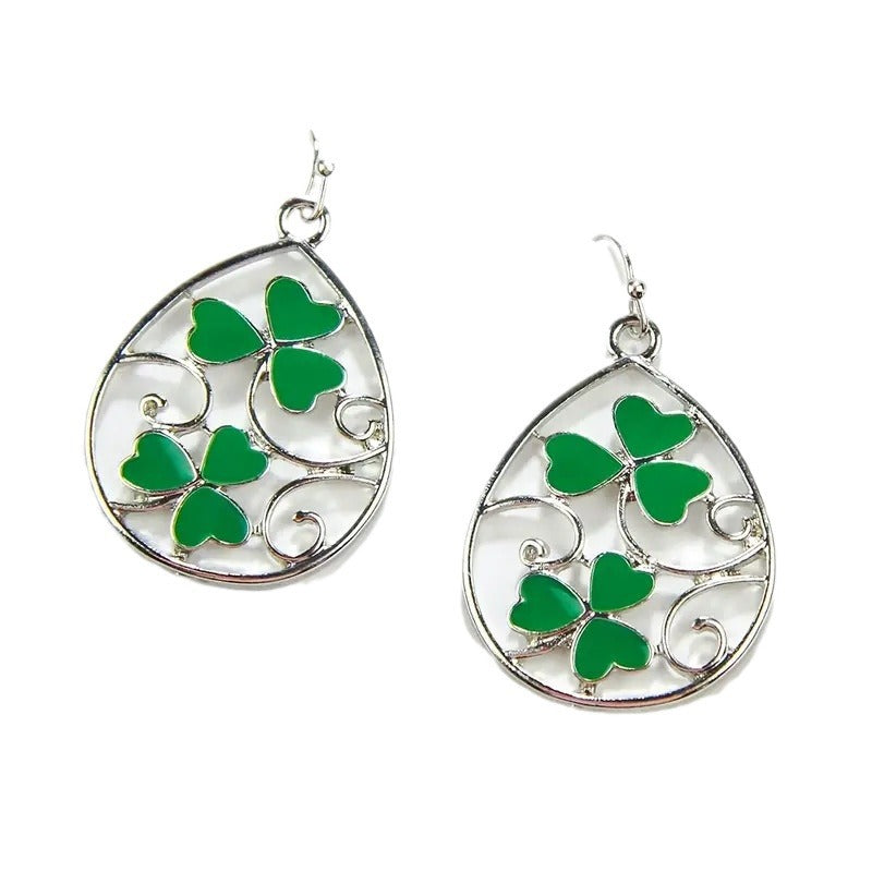 Wholesale St Patrick's Day Clover Hollow carved water drop earrings