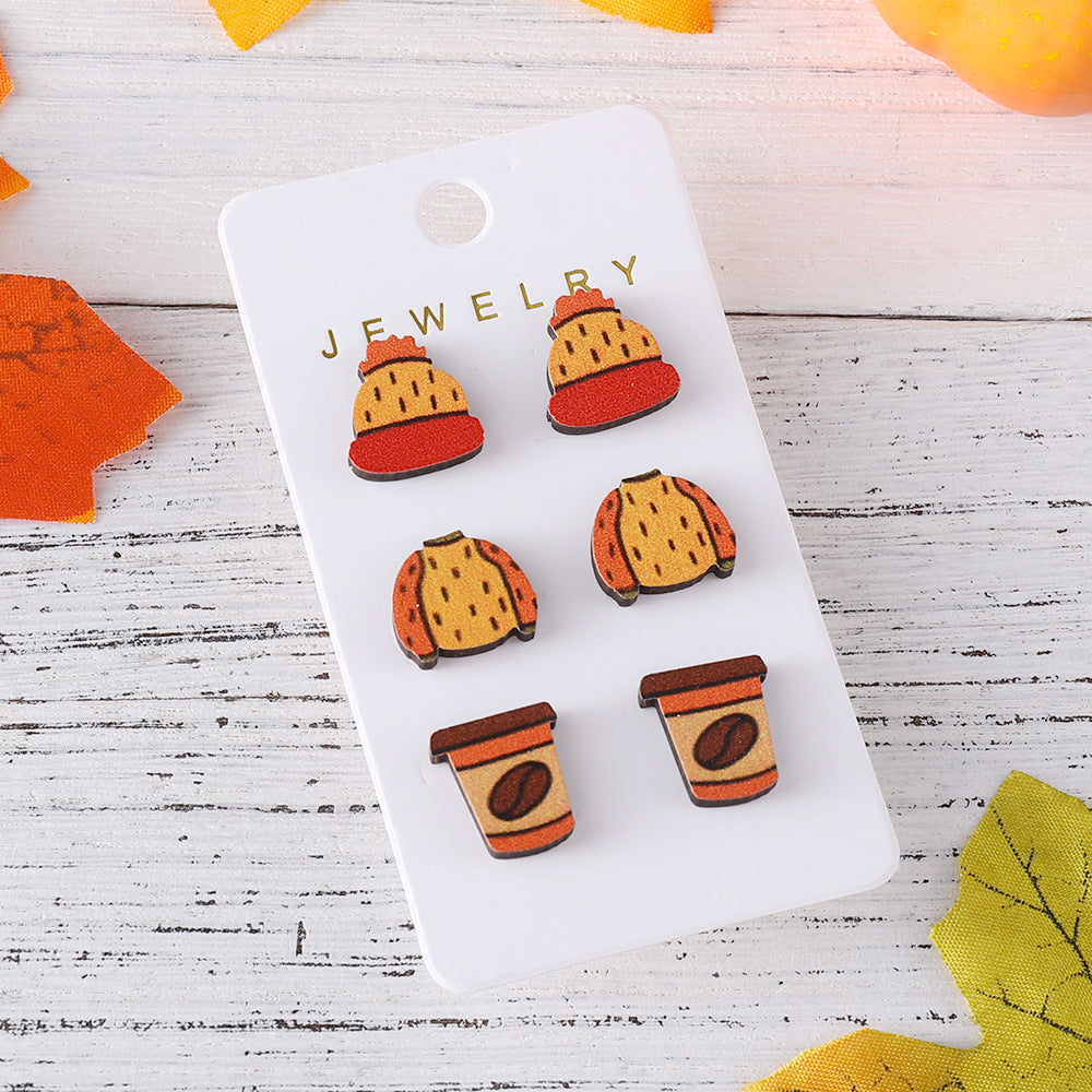 Wholesale Thanksgiving Maple Leaf Wood Pumpkin Earrings suit