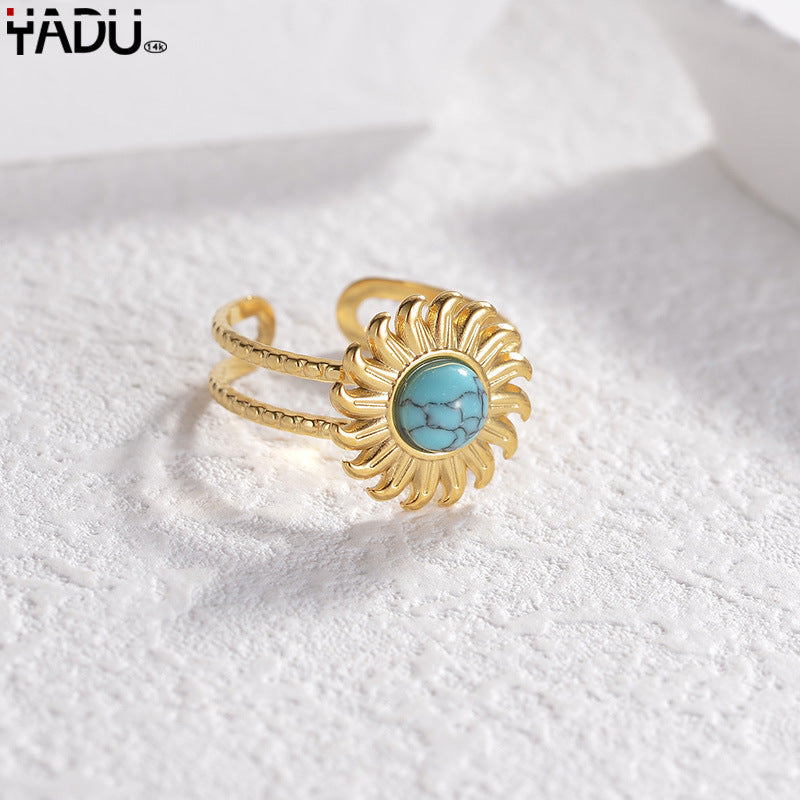 Wholesale 14K Gold Titanium Steel Ring Vintage Inlaid Turquoise Oil Drip Ring ACC-RS-yanc001