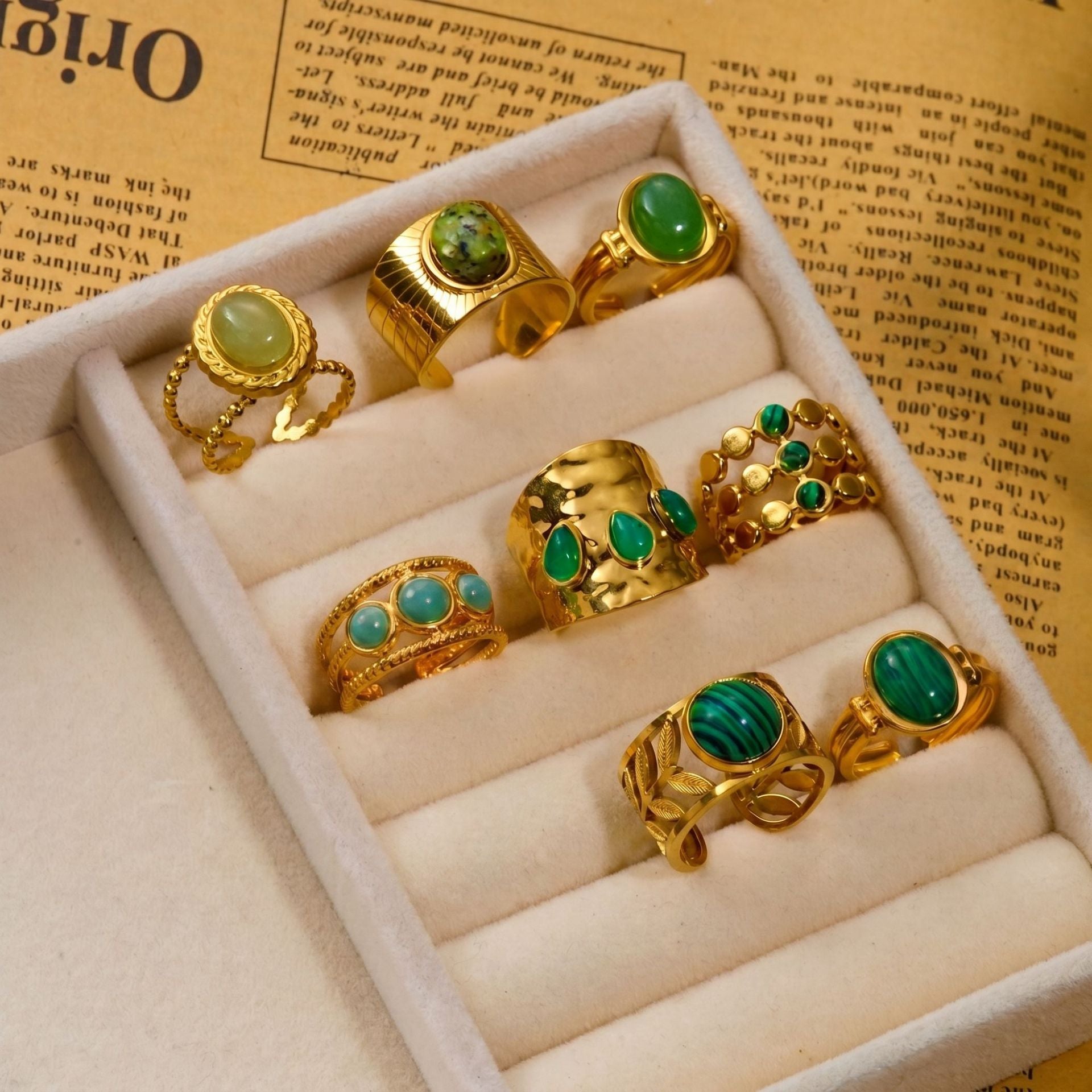 Wholesale 18k Gold Plated Stainless Steel Malachite Ring Vintage Stackable Jewelry Accessory