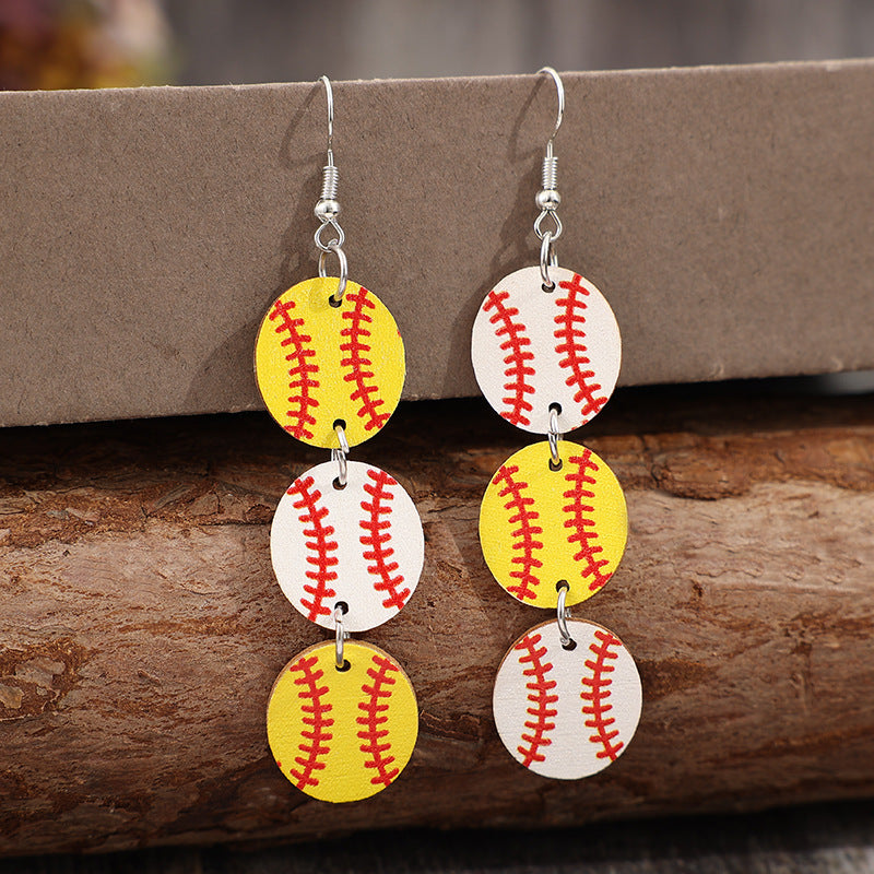Wholesale Sports style yellow and white baseball stitching wooden earrings