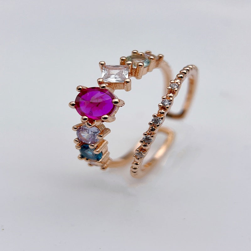 Wholesale Double Layer Colored Gemstone Open Ring Flower Adjustable Rings ACC-RS-YXY005