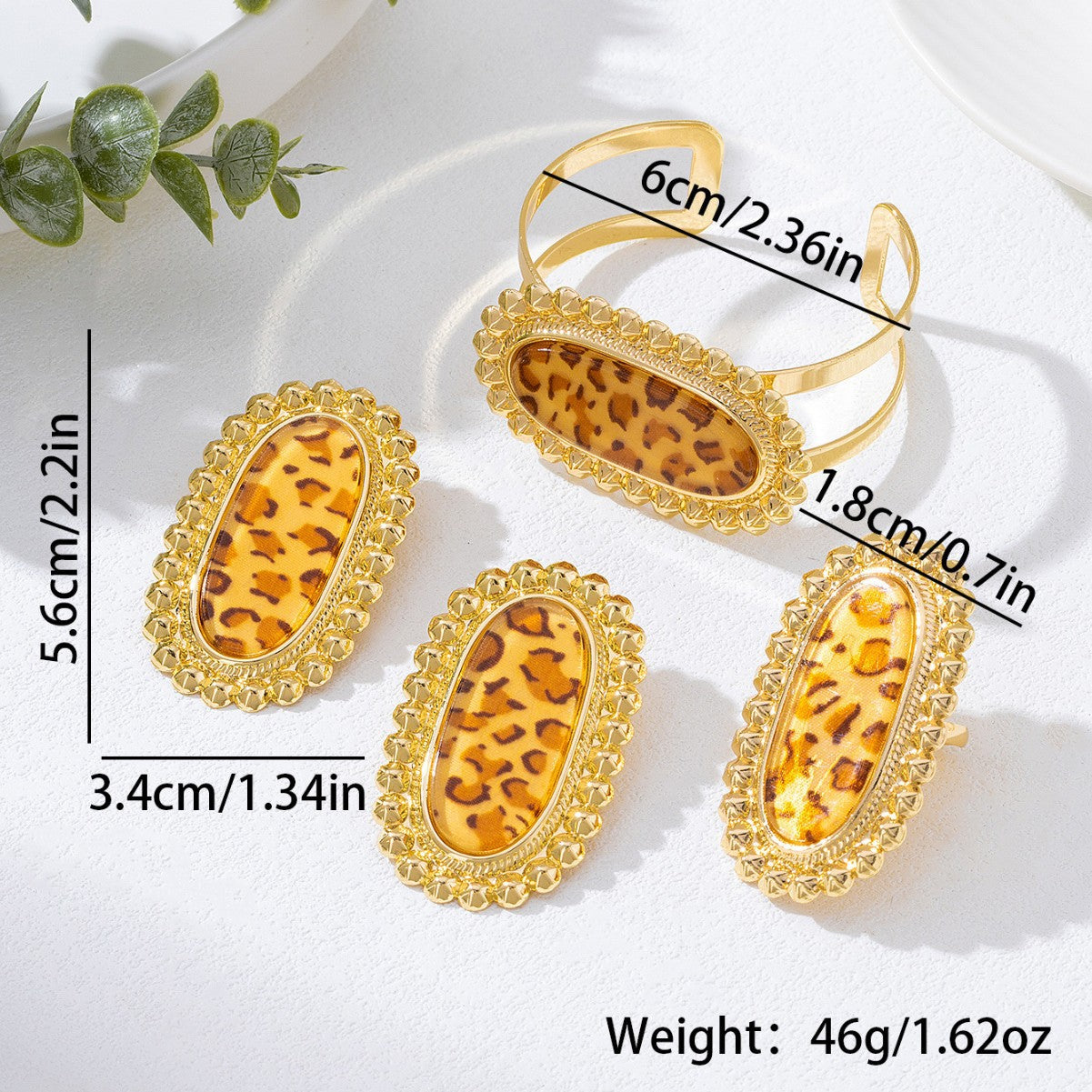 Wholesale Luxury Leopard Print Metal Three-Piece Earrings Ring Bracelet Set Exaggerated Personality Women' s Jewelry