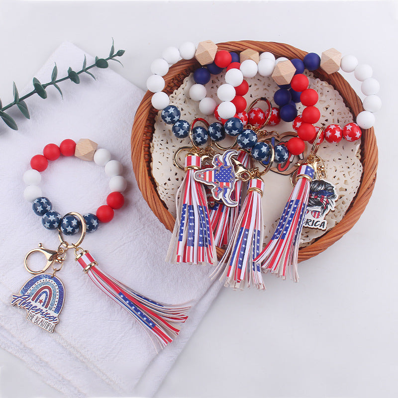 Wholesale Independence Day Silicone Beaded Tassel Wrist Keychain ACC-KC-GuangTian053