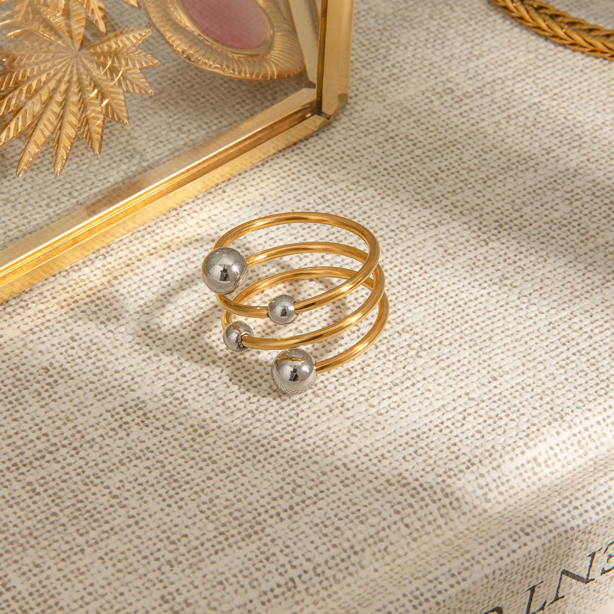 Wholesale 18k gold stainless steel gold and silver color ball three-layer opening adjustable ring