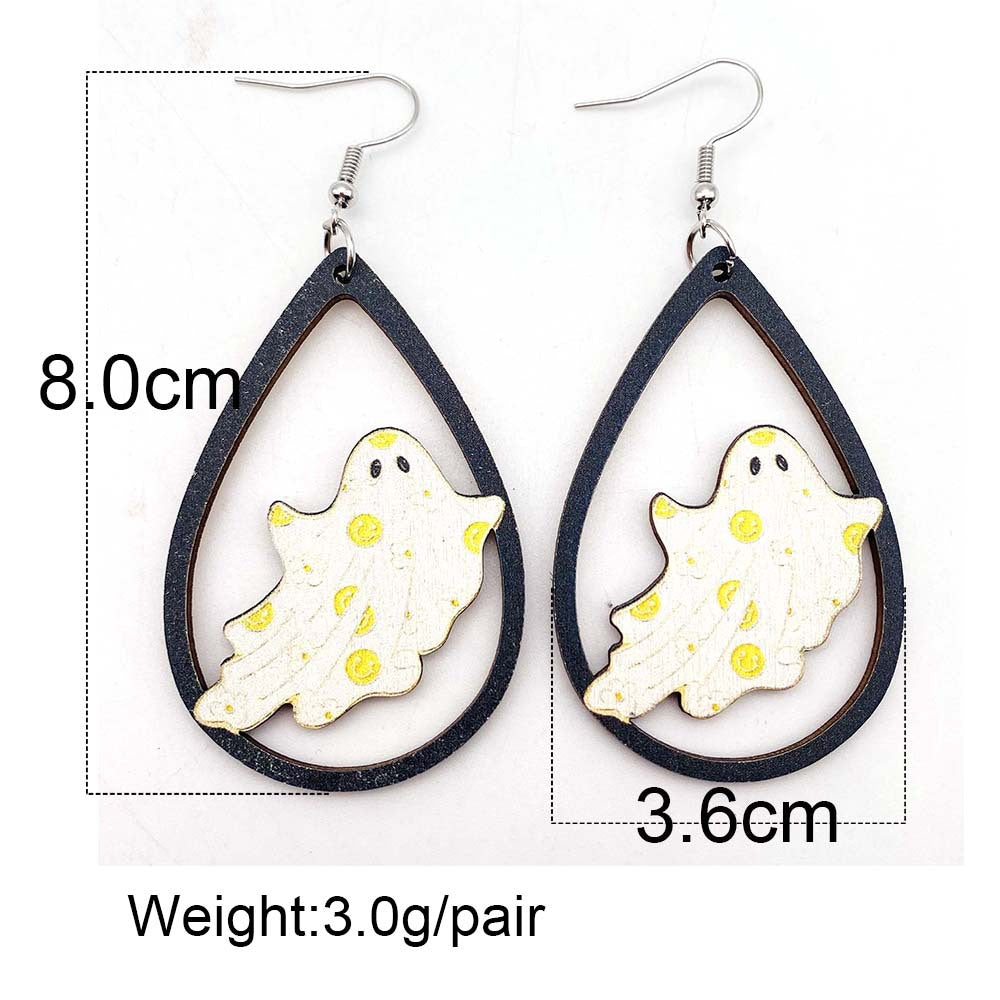 Wholesale Ghost Pumpkin Printed Pendant Earrings Halloween Wooden Earrings