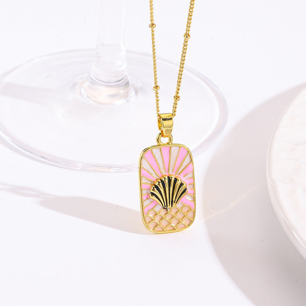 Wholesale square color dripping copper love conch shell eye moon jellyfish tarot pendant necklace