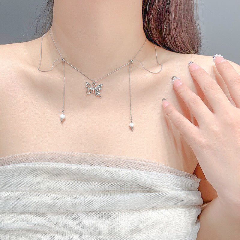 Wholesale Silver Butterfly Tassel Necklace Collarbone Chain Choker Necklace ACC-NE-NS011