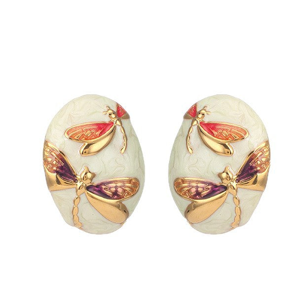 Wholesale Stainless Steel Oval Asymmetrical Oil-Drip Dragonfly Pattern Earrings