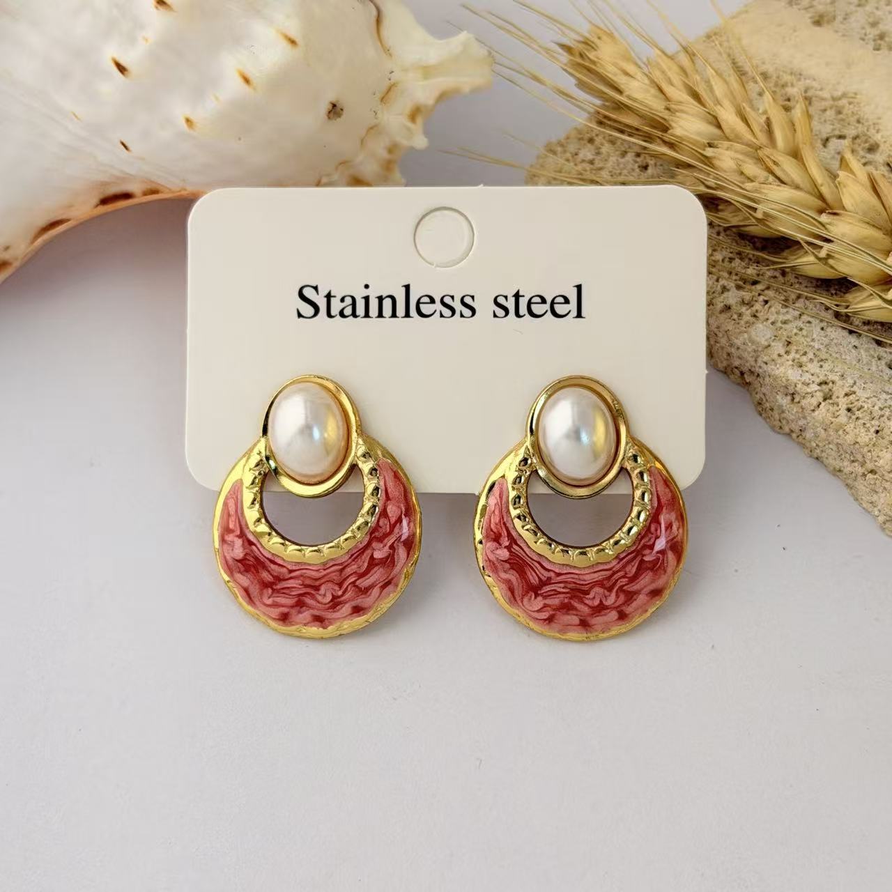 Wholesale Dripping Glaze Stainless Steel Earrings Minimalist Fan-Shaped Fashion Jewelry Accessory for Women