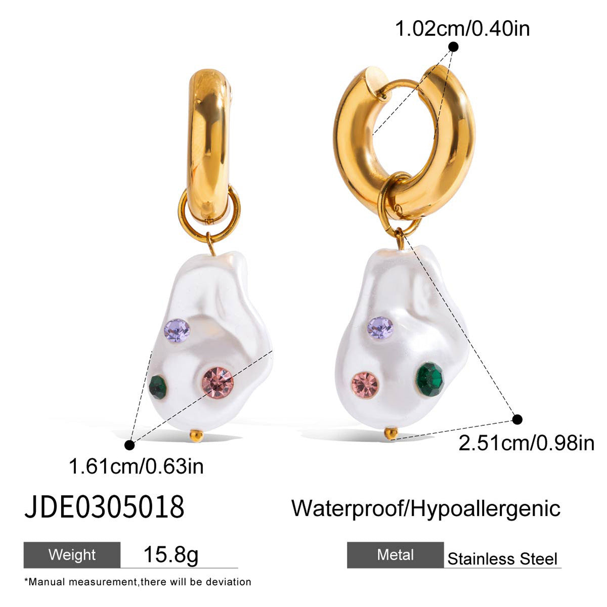 Wholesale 18K Gold Stainless Steel  Colored Diamond Resin Pearl Pendant Earrings